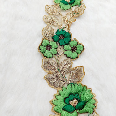 Green and Gold Floral Embroidered Trim, Tissue Fabric Cutwork Lace Flowers Embroidery, Floral Sari Trimming